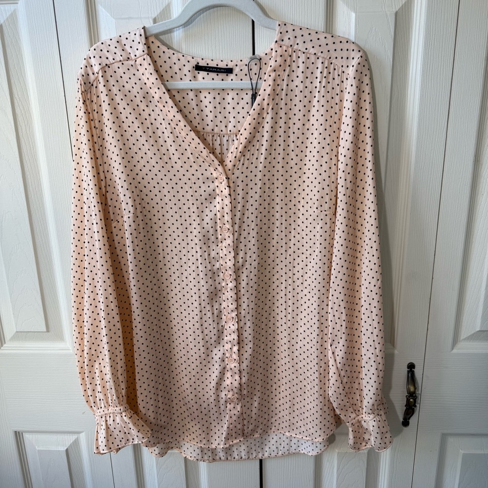 T Tahari Button Down Blush Pink Black Mini Polka Dots Blouse Womens Size XL